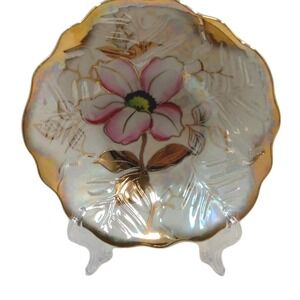 VTG Handpainted Opal Lusterware Decorative Trinket Dish Pink Flower Gold Trim